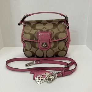 Coach Poppy Willis Khaki Signature Pink Leather Crossbody Purse See Description